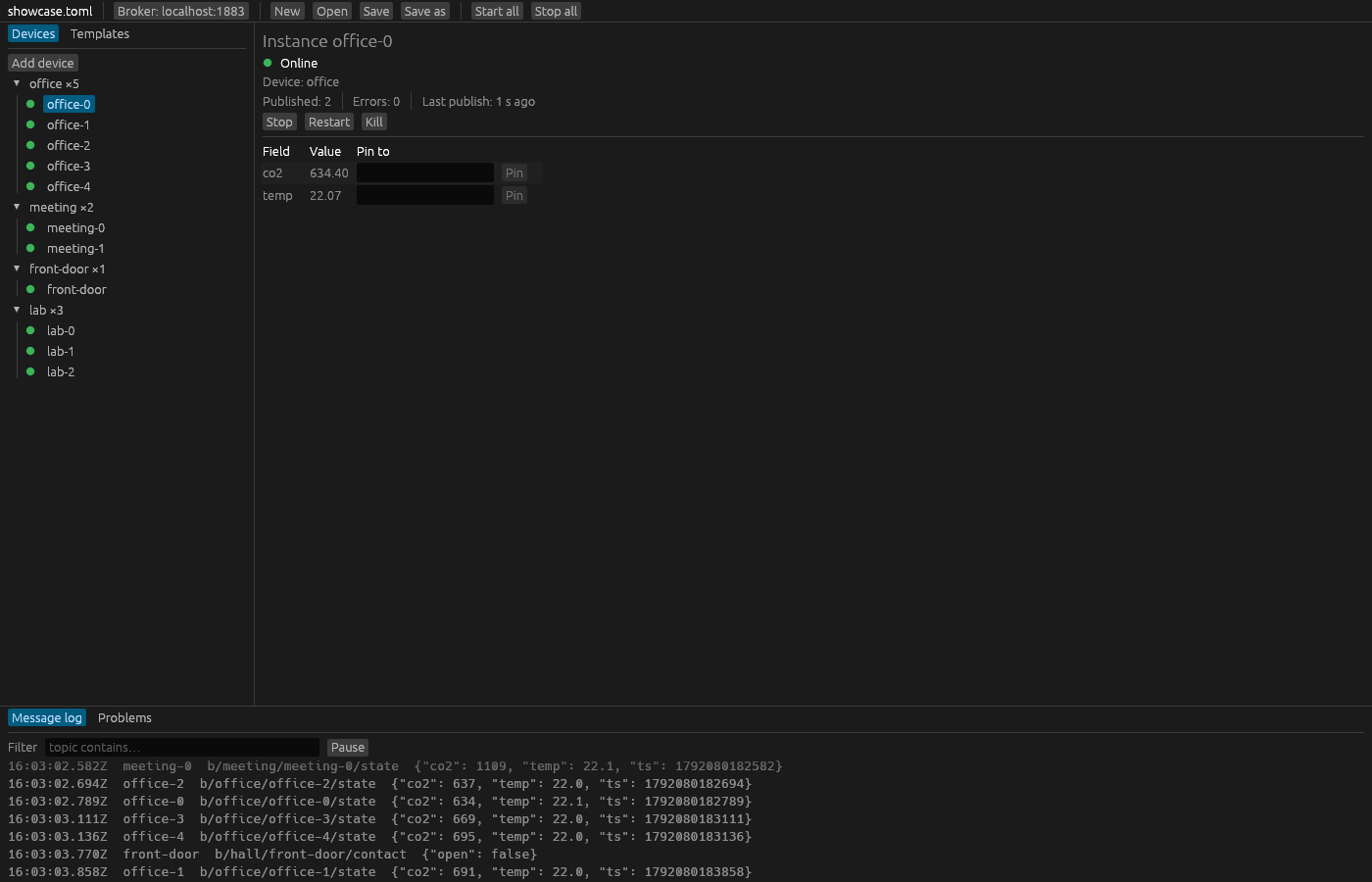 The Senzor window with the showcase project running and instance office-0 selected